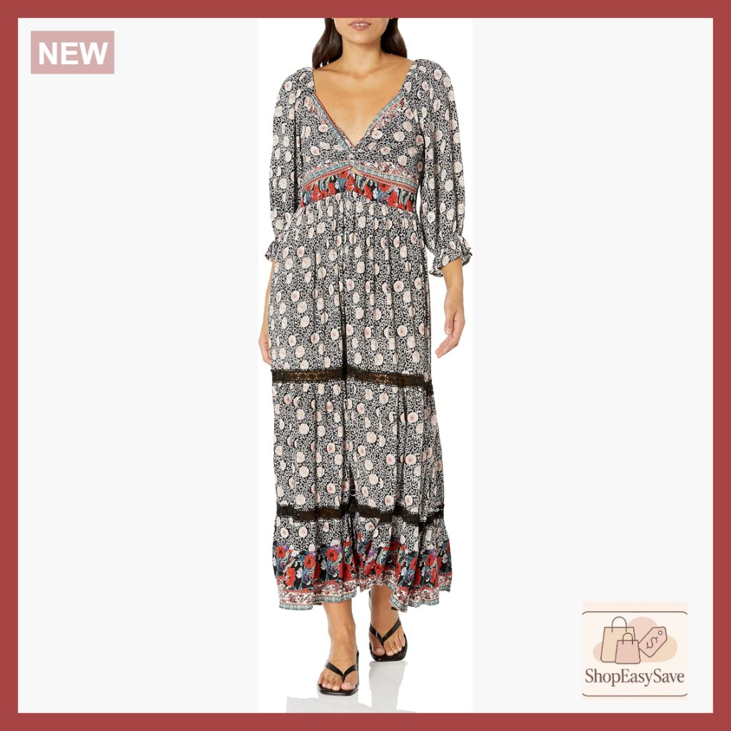 Long Sleeve Maxi Dress With Cutout Twist Front Tiered Skirt Lace Inserts